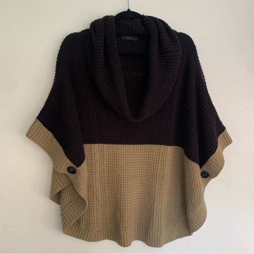 Stitch Fix THML Jaylie Colorblock Cowl Neck Black and Brown Poncho Sweater